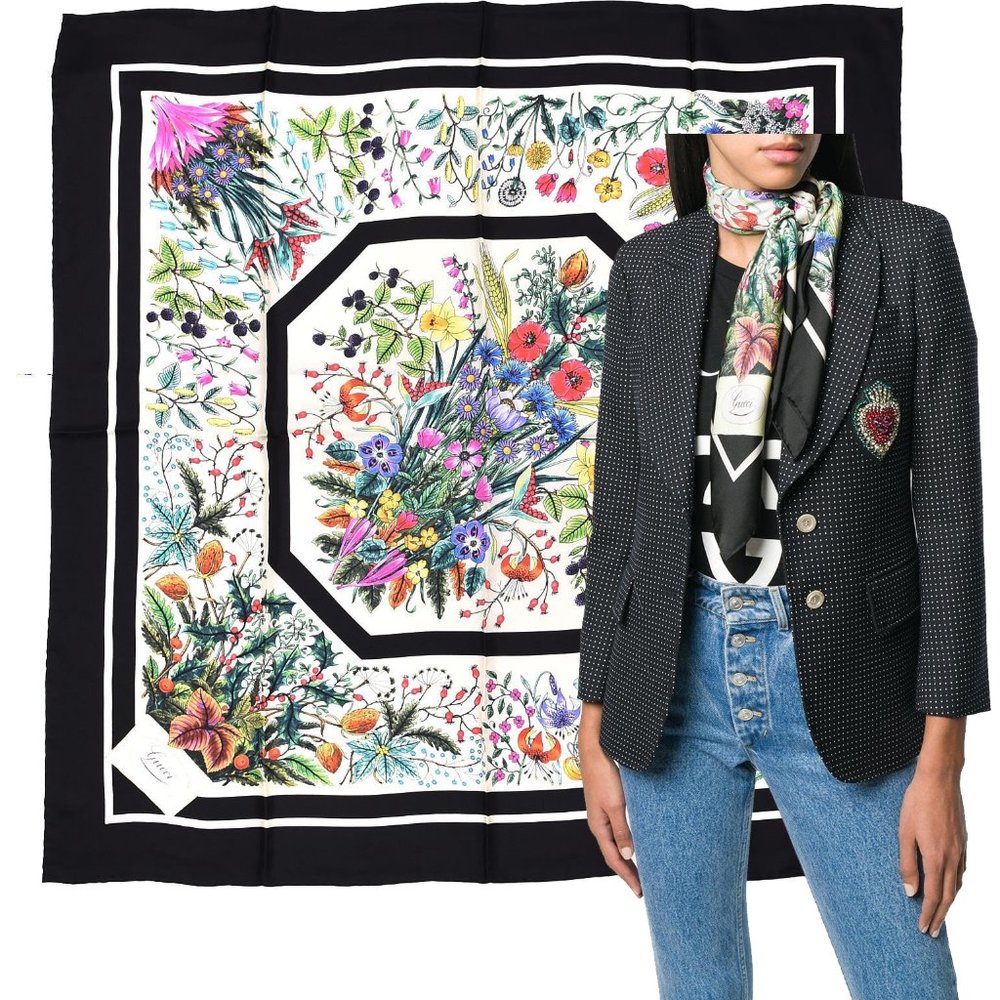 GUCCI SCARF FLORAL FESTIVAL SIGNATURE LOGO TWILL SILK FLORA SQUARE 35"